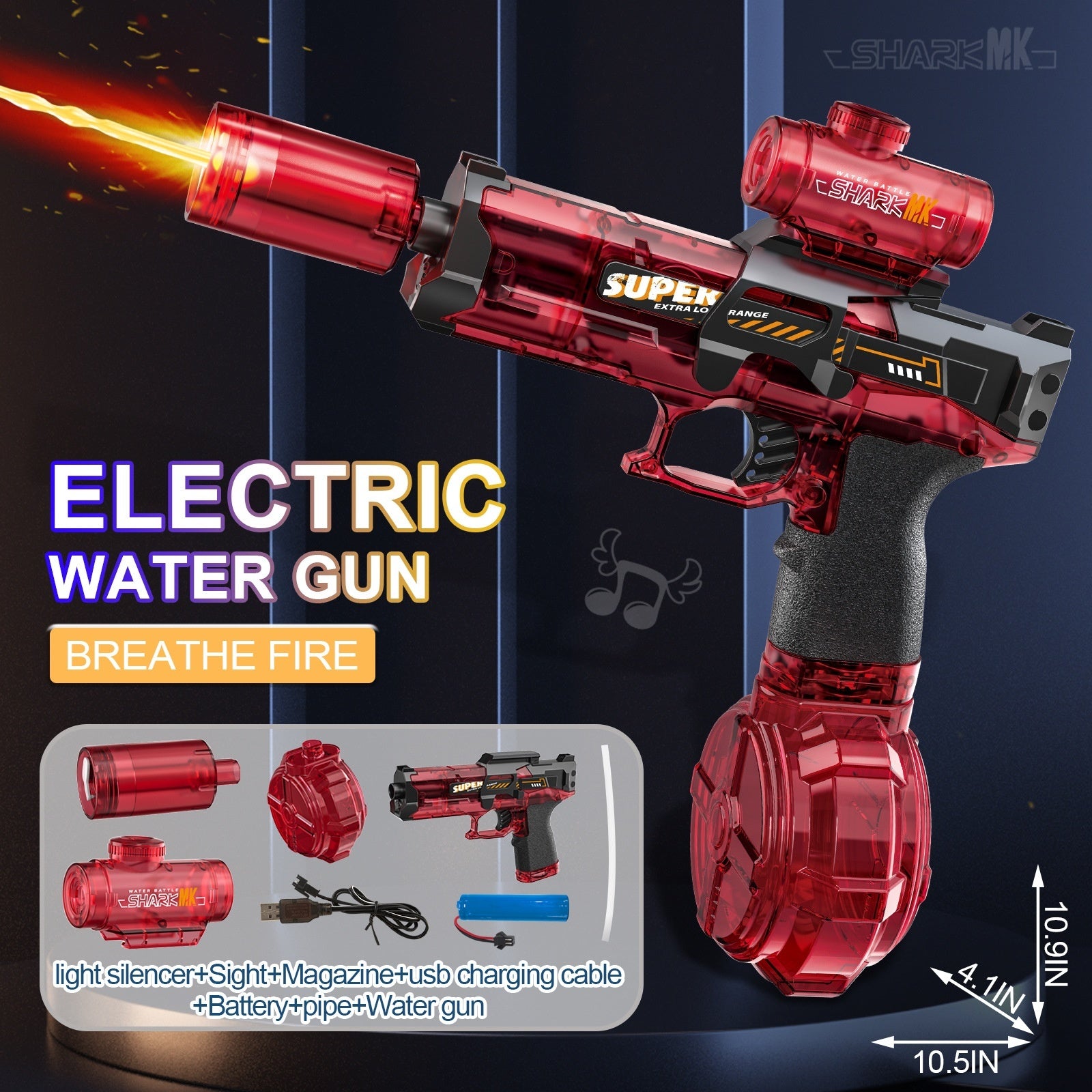 Electric water gun with red transparent drum and pistol grip