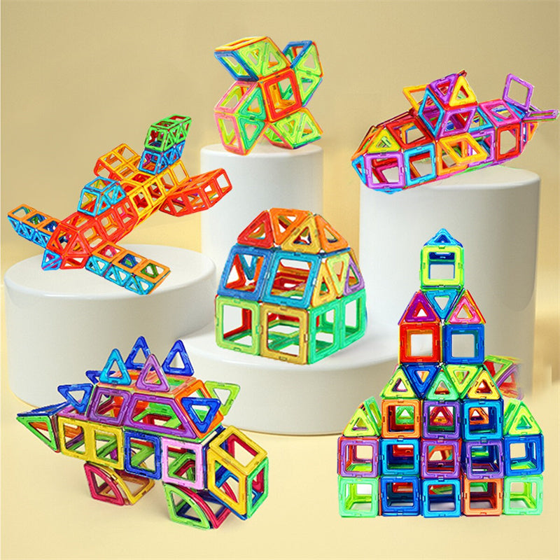 Magnetic building blocks display with multicolor geometric pieces on white shelves