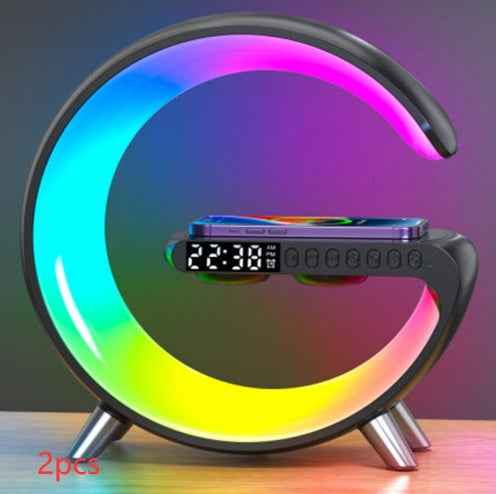 U-shaped LED speaker lamp, dark body with multicolor rainbow light glow