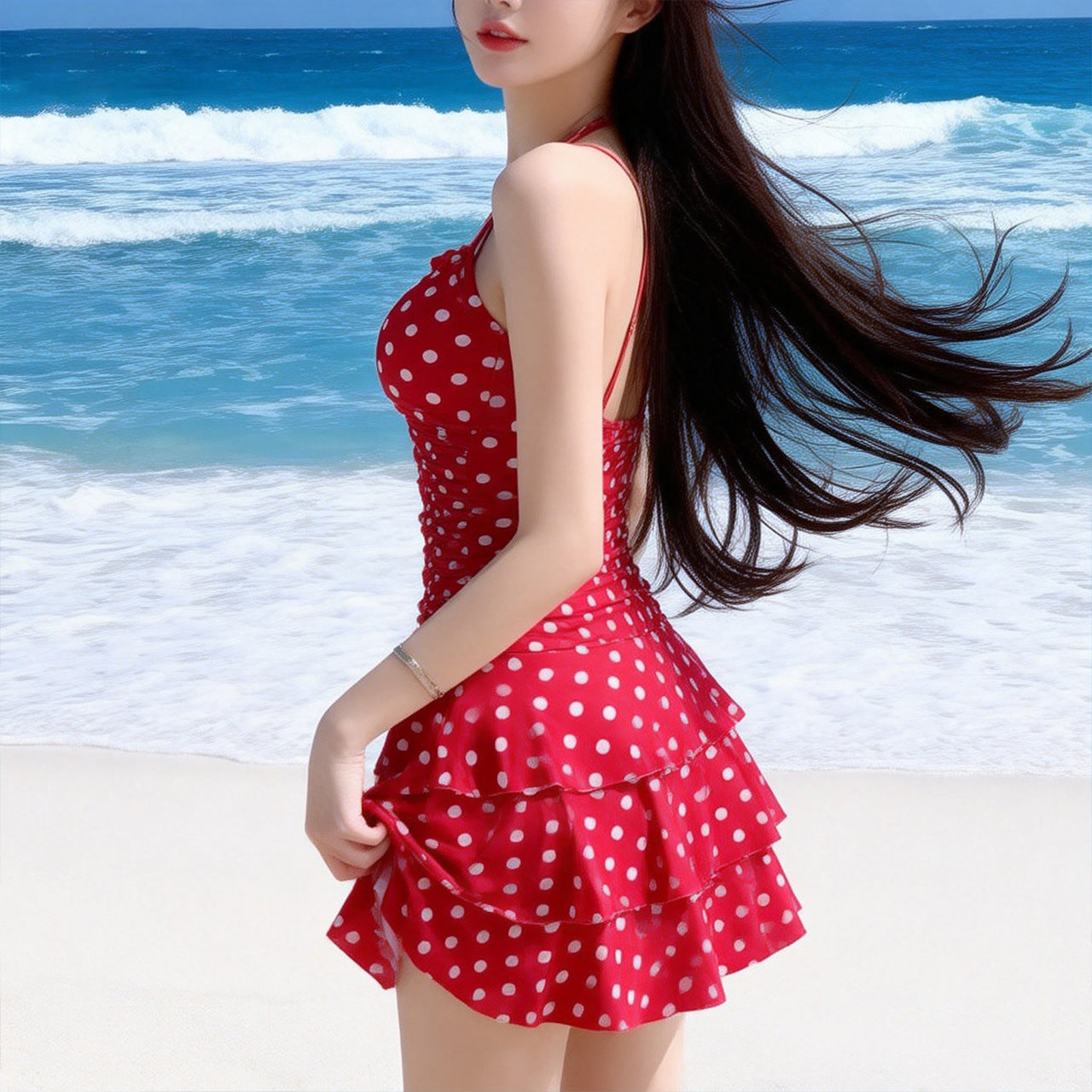 Red polka-dot one-piece swimsuit with halter neckline and layered ruffles