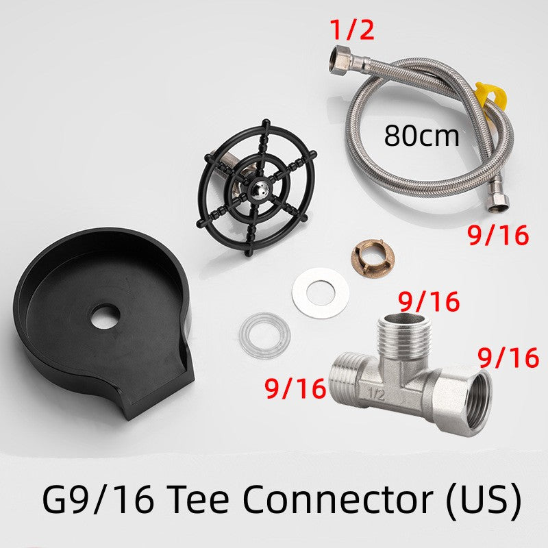 Tee connector for G9/16 faucet sprayer line, metal fitting with gasket