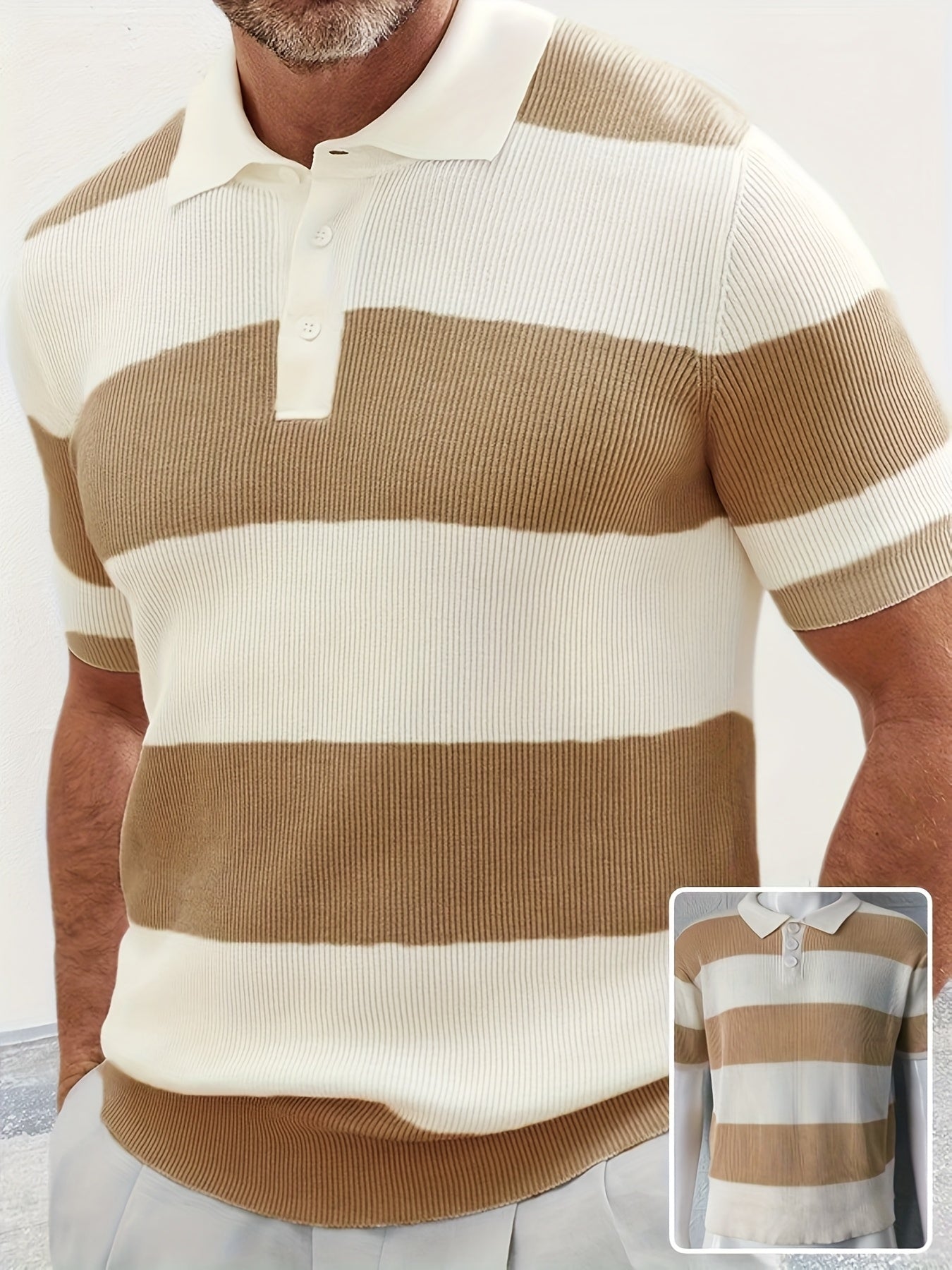 Men's short-sleeve striped polo knit sweater in beige and cream horizontal bands