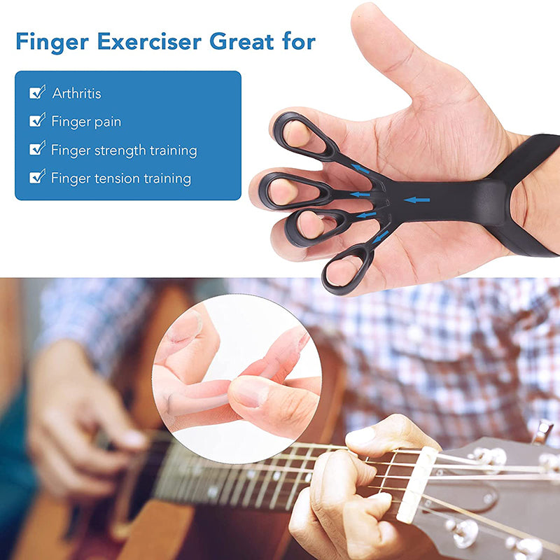 Black silicone finger exerciser stretcher on hand with loop rings for finger exercises