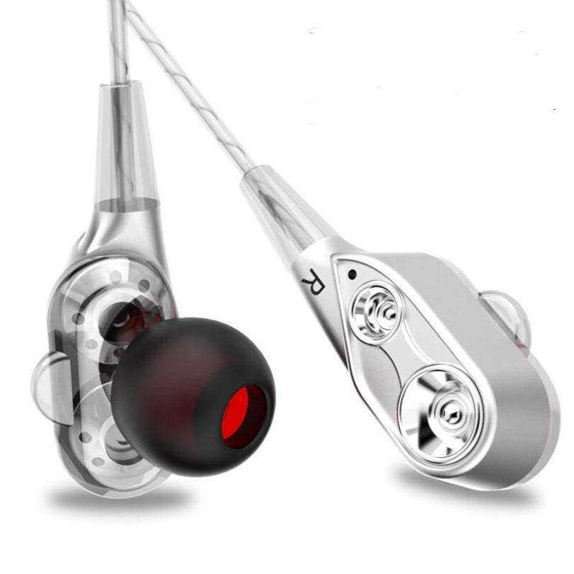 Dynamic headphones in silver with transparent housings and black ear tips