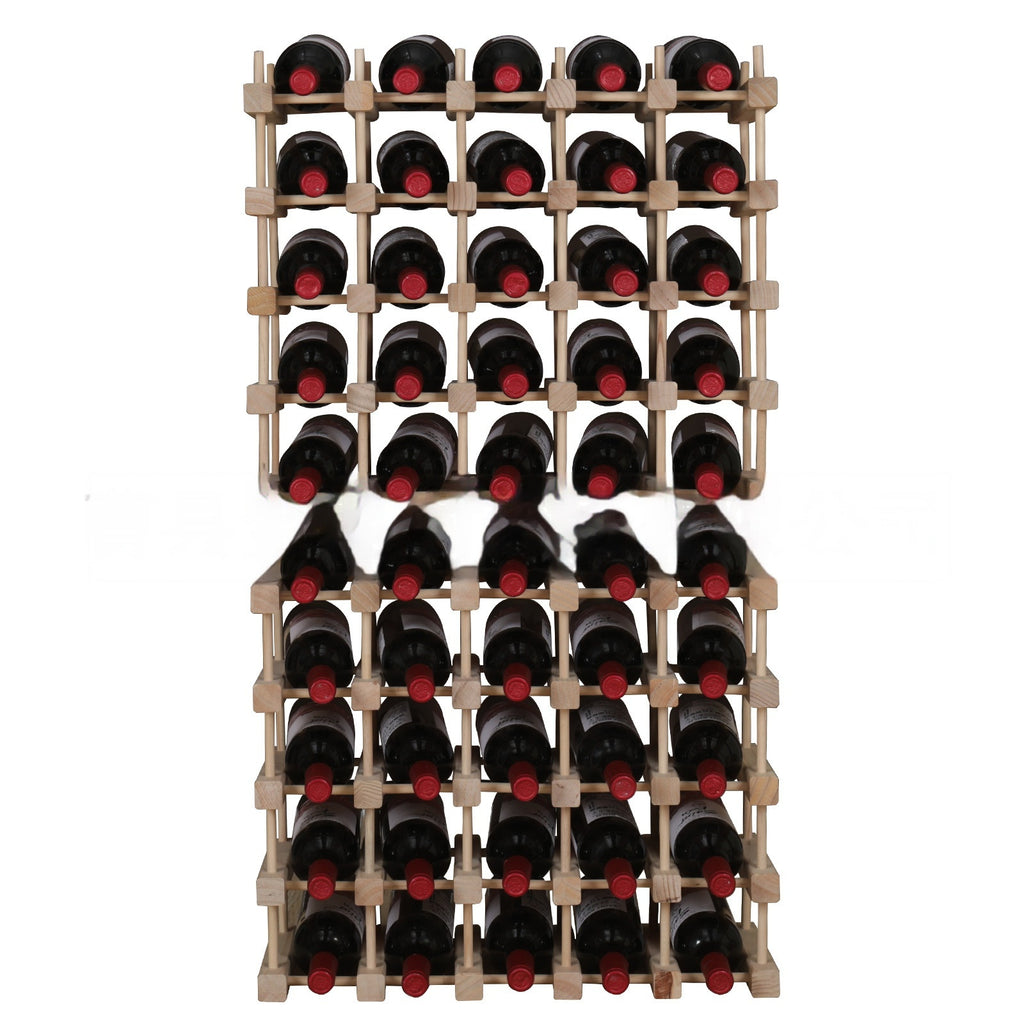 Wood wine rack with front grid bottle slots filled with bottles