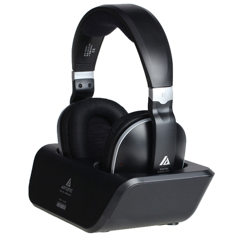 Black on-ear wireless headphones with padded headband and silver earcup accents