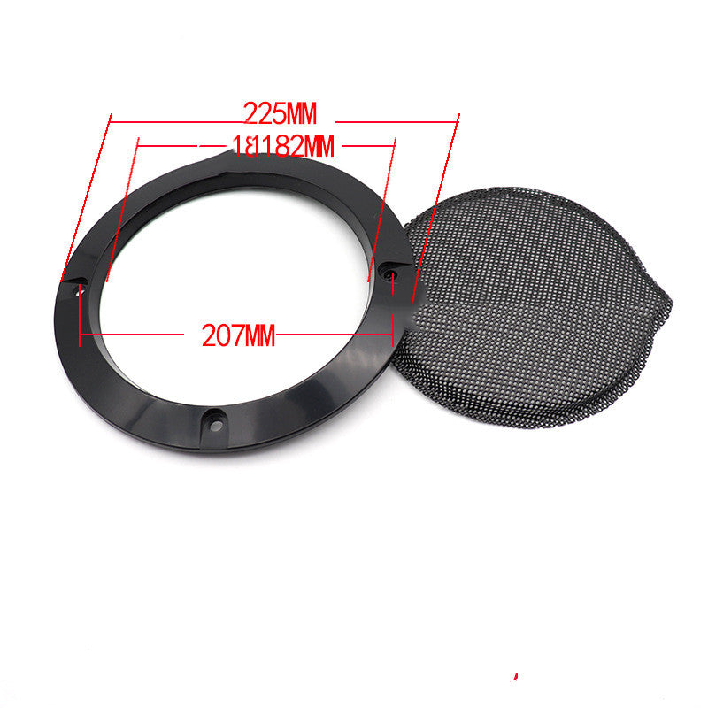 Car speaker grille mask with size diagram; black ring, round mesh cover, 225mm shown.
