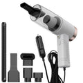 Handheld mini car vacuum cleaner with clear nozzle, white body, and included accessory set