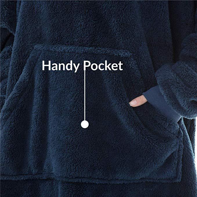 Navy blue fleece hoodie with large kangaroo pocket and ribbed hem detail