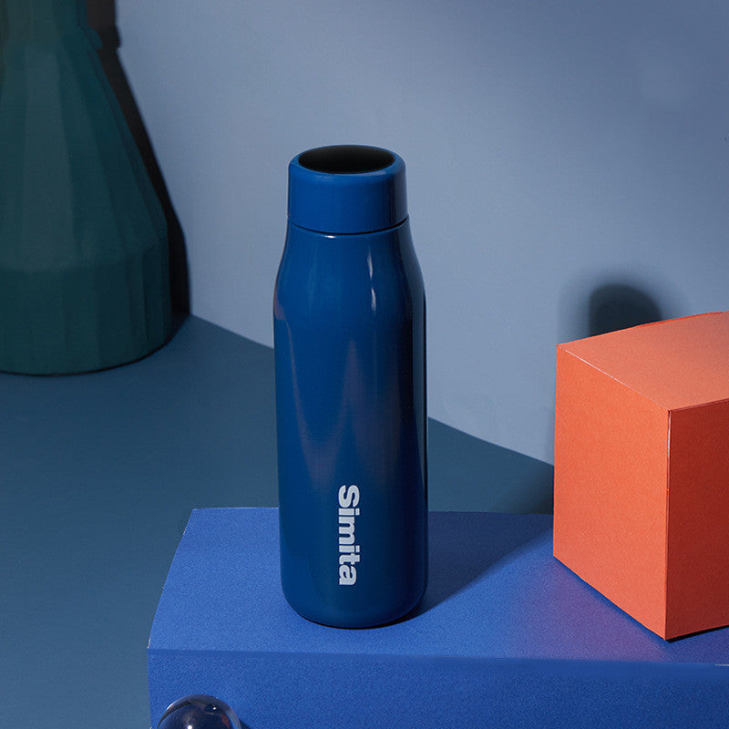 Blue vacuum flask with temperature display, stainless steel thermos bottle