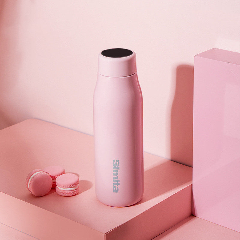 Pink vacuum flask with temperature display, stainless steel thermos bottle