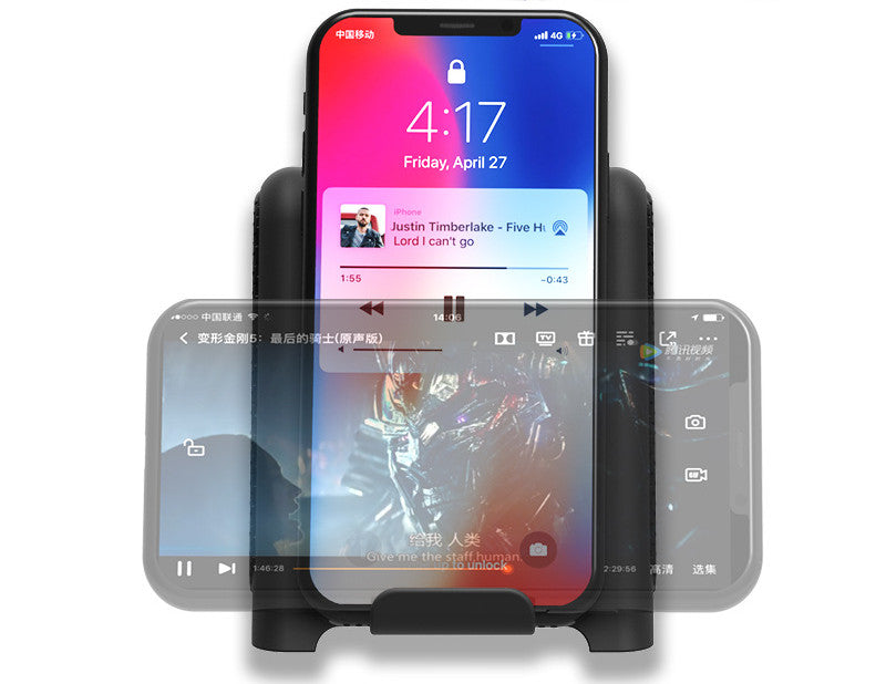 Black wireless subwoofer speaker dock with phone cradle and overlay icons on display