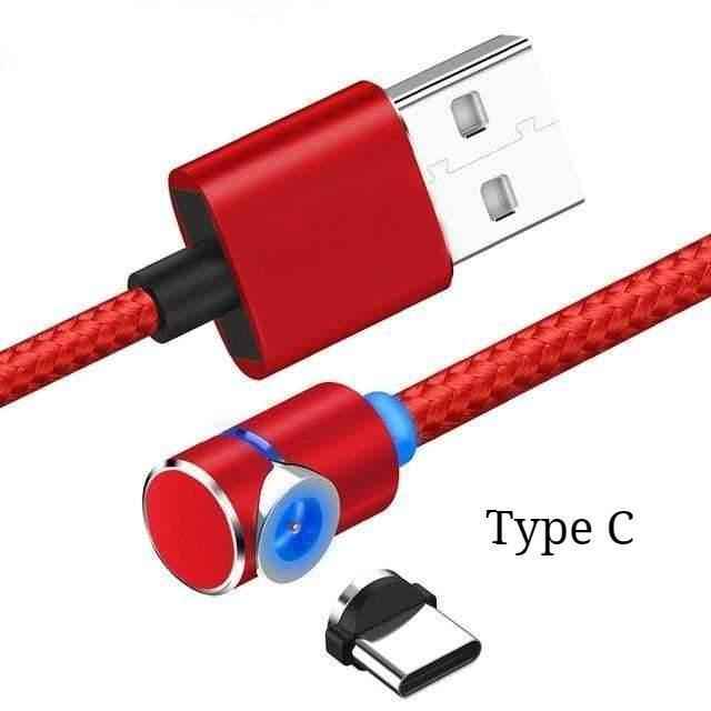 Magnetic LED charging cable with red USB-A plug and Type-C connector, blue light