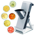 Adjustable mandoline food slicer with safety handle and collection tray, dark blade guard