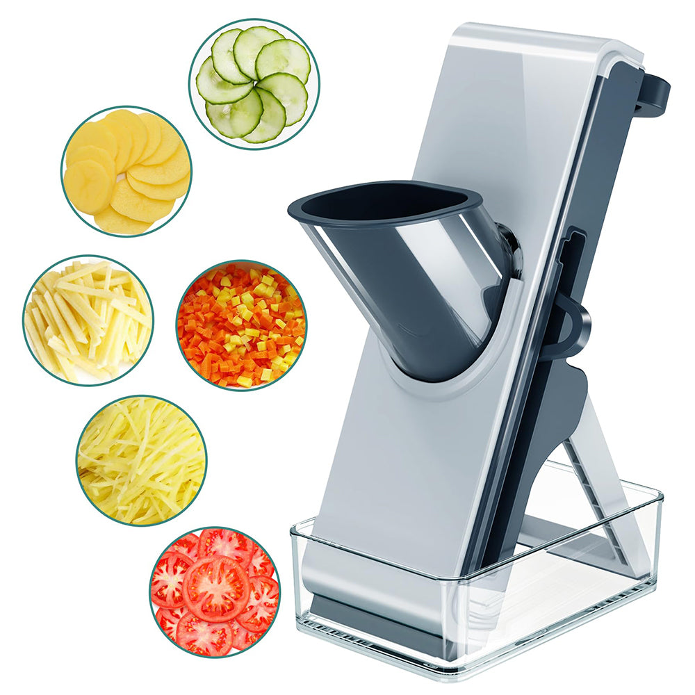 White and blue mandoline food slicer with black feed tray and vegetable slice icons
