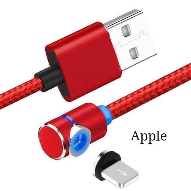 Red magnetic charging cable with USB-A plug and Apple Lightning charging tip