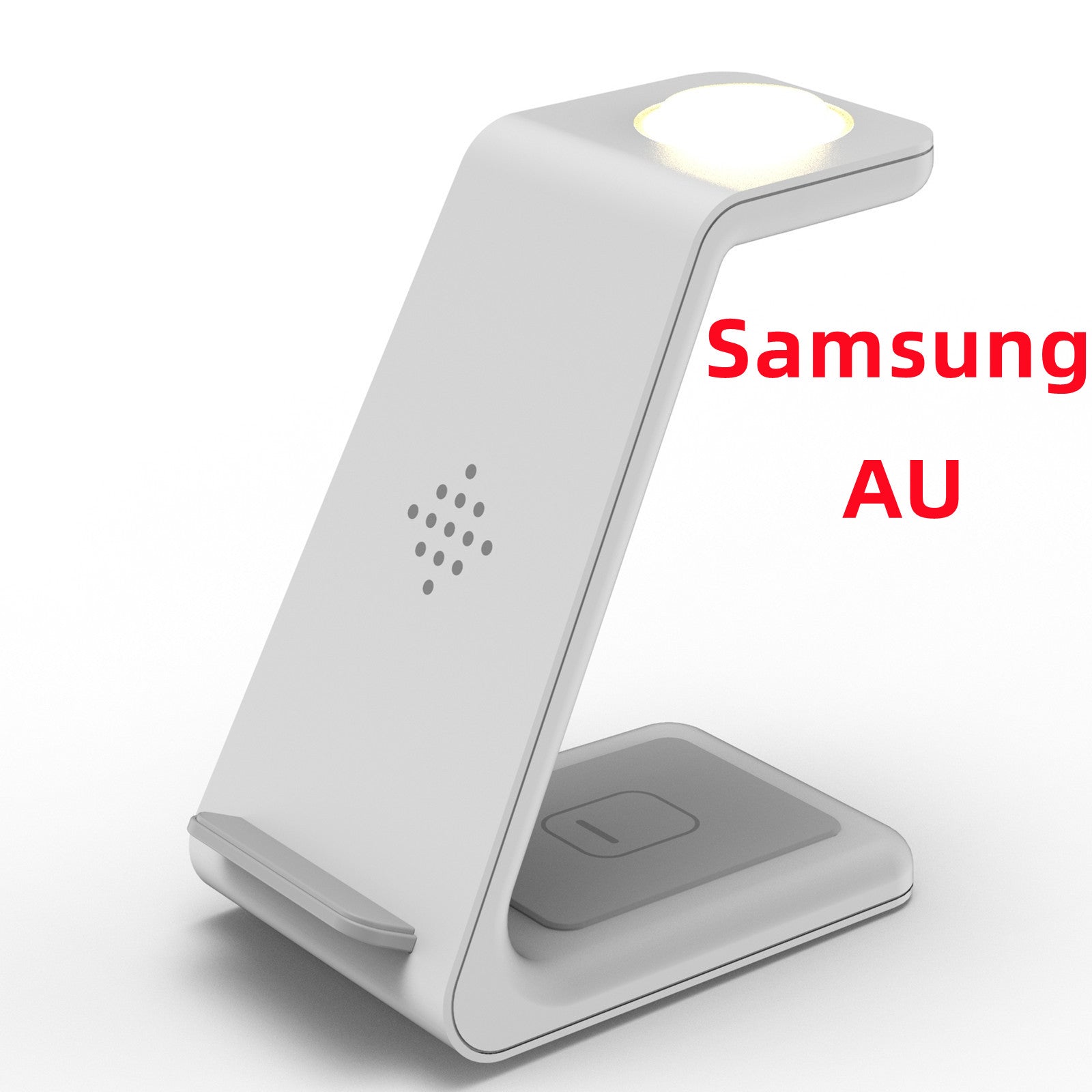 White wireless charger stand with phone cradle and illuminated top disc