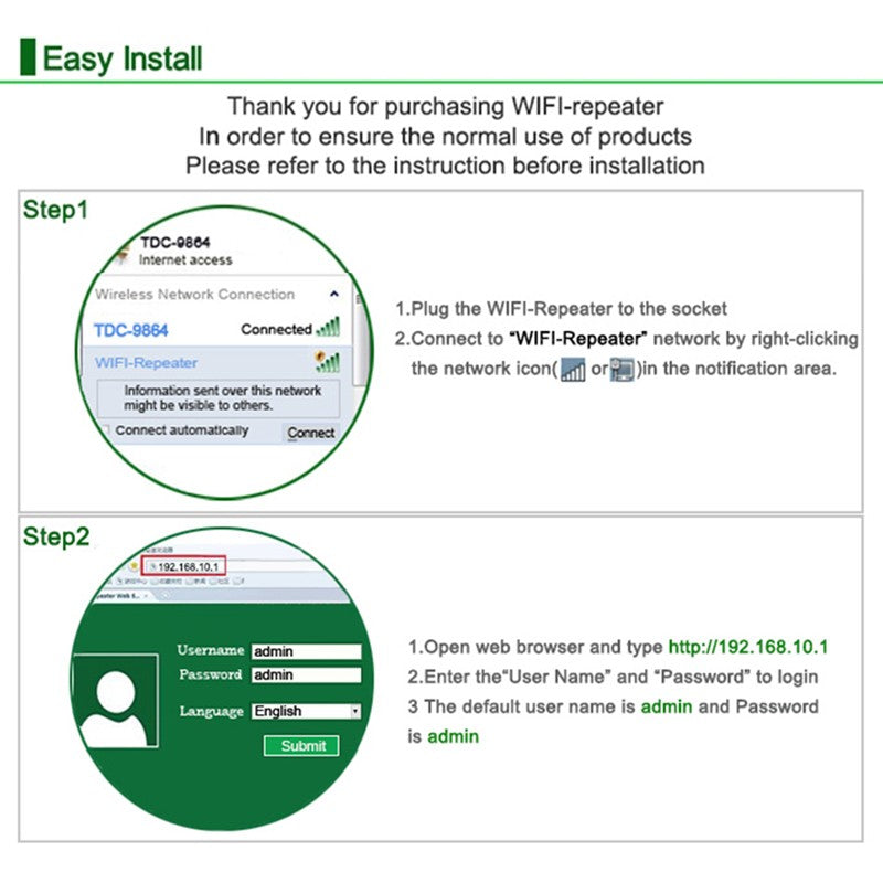 WiFi repeater setup guide screenshot with step instructions and web login diagram