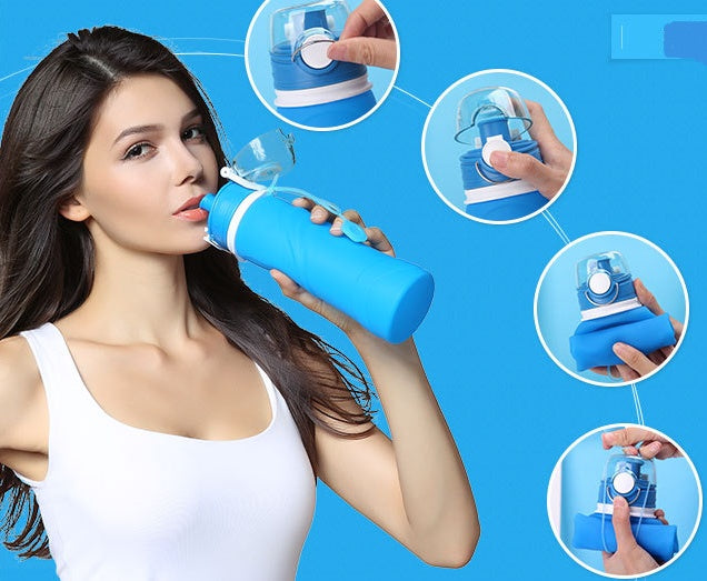 Blue folding silicone water bottle with flip-top cap, shown in use