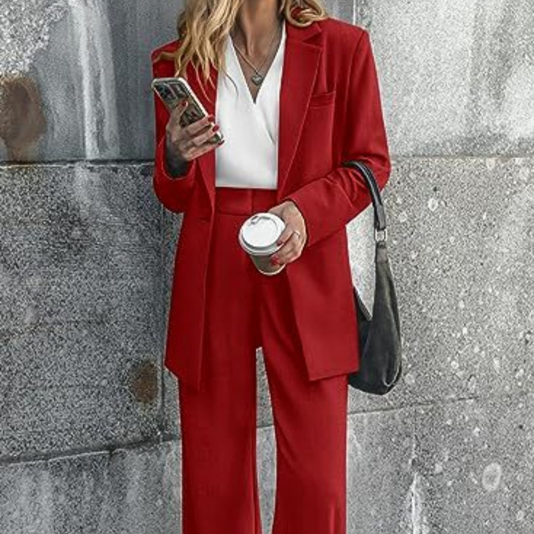 Women’s red coat and trousers suit, blazer-style jacket with wide-leg pants
