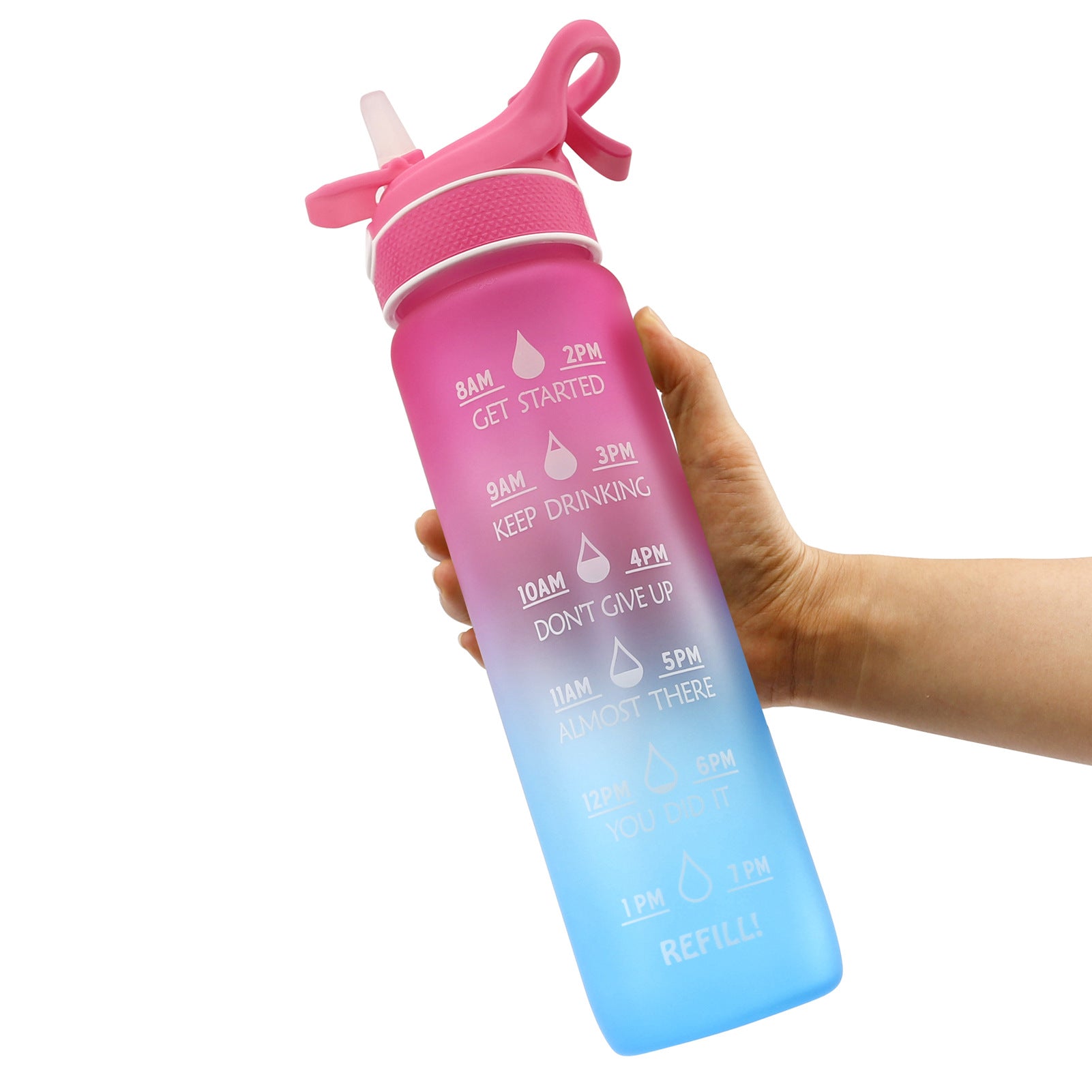 Water bottle with flip straw cover, pink-to-blue gradient, printed hydration schedule.
