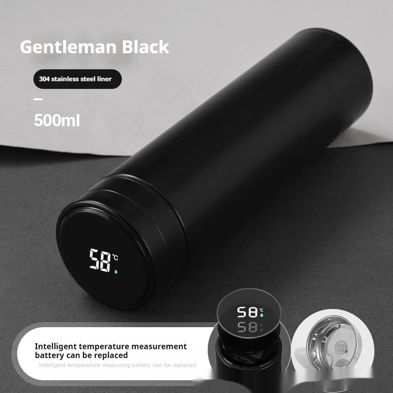 Smart temperature display insulated bottle, gentleman black, round screen showing 58°C