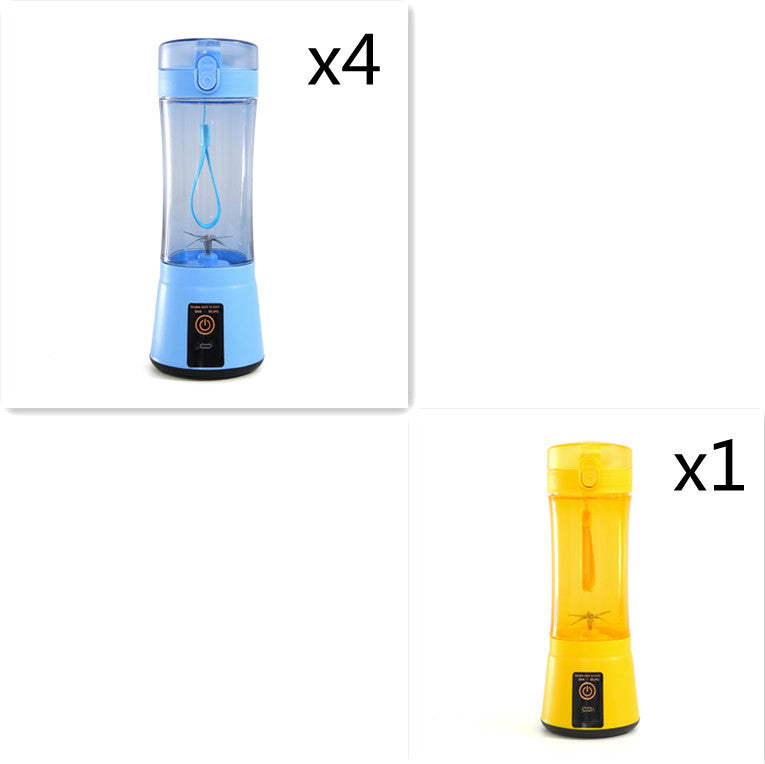 Portable electric fruit juicer blender set: blue and yellow mini mixers with bases.