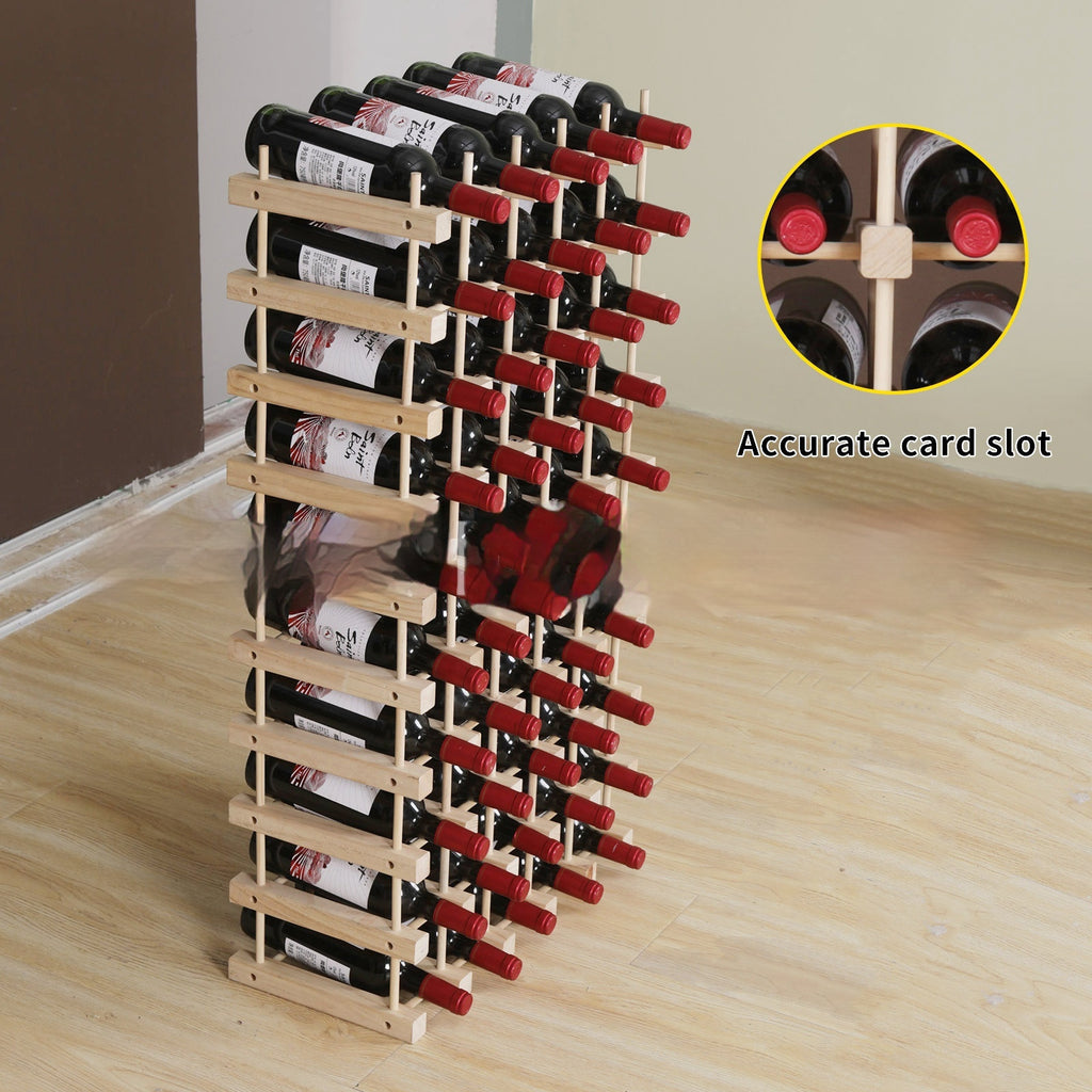 Wood wine rack with bottle slots and built-in card slot