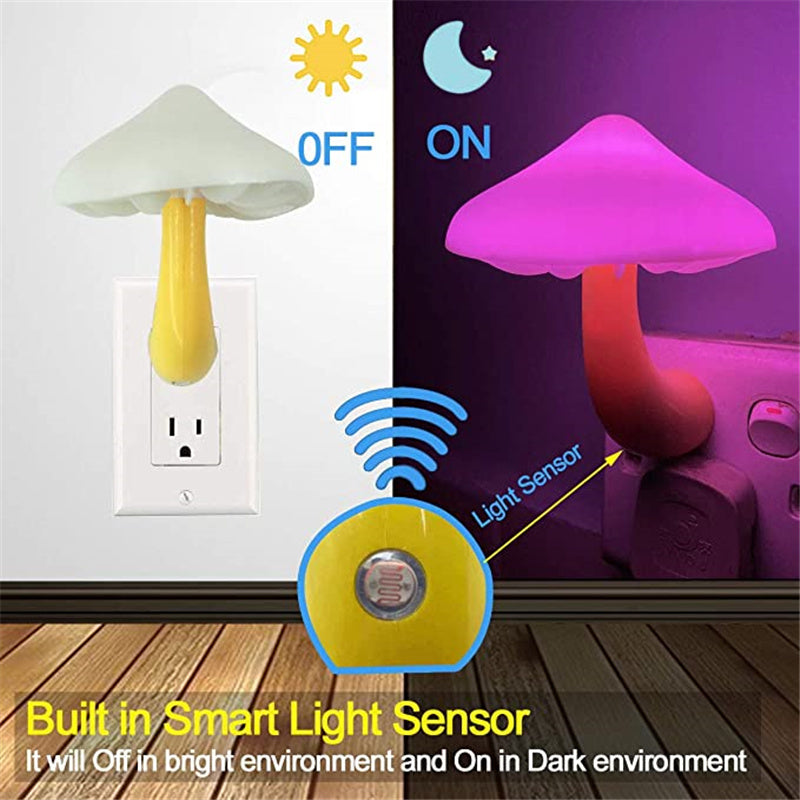 Mushroom LED night light with light sensor, plugged into wall outlet