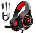 Gaming headphones with red LED ear cups and included audio cable set