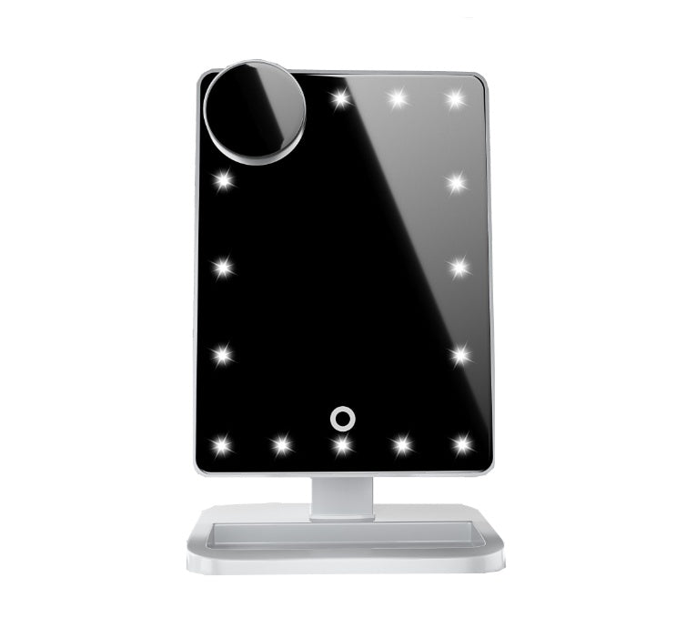Touch-screen makeup mirror with stand, dark glass, light gray frame and base