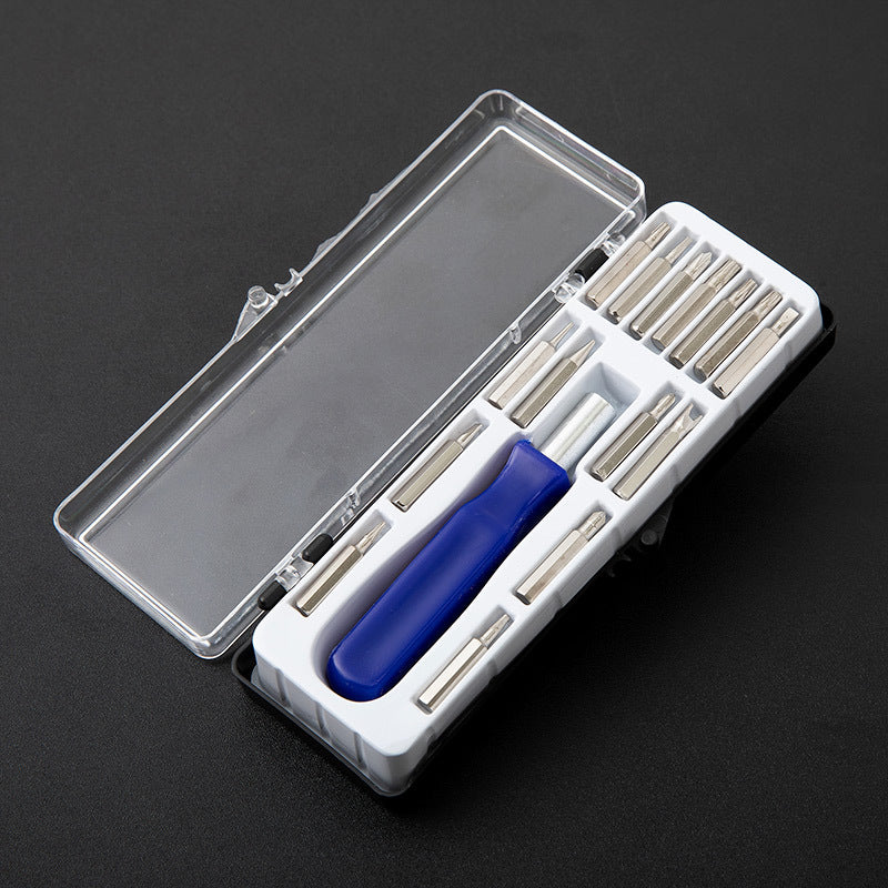 Screwdriver bit set in clear open case, blue grip handle, metal bits