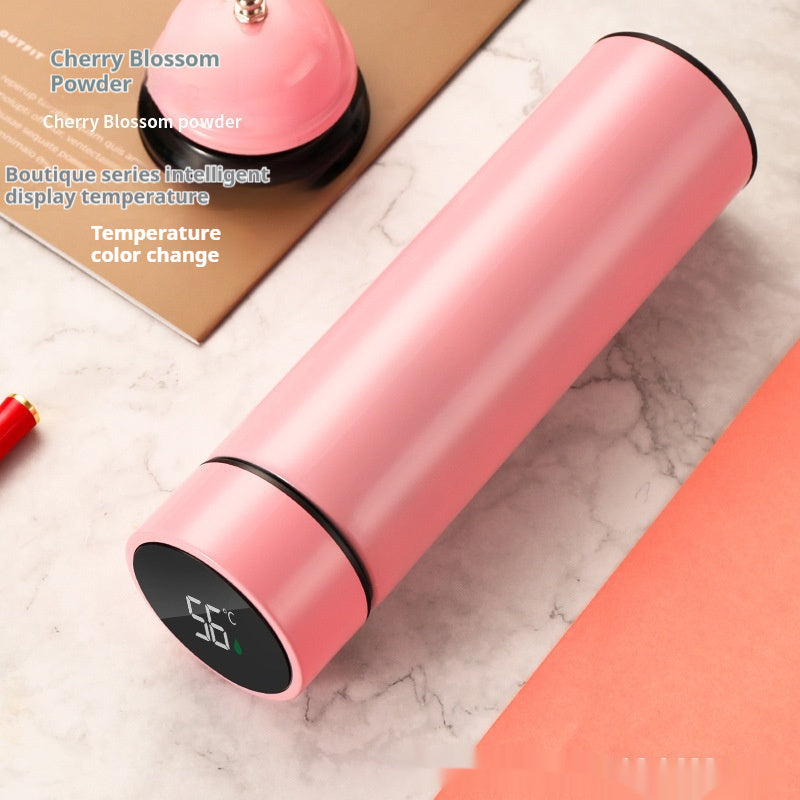 Smart temperature display insulated bottle, cherry blossom pink finish, round LED temperature display