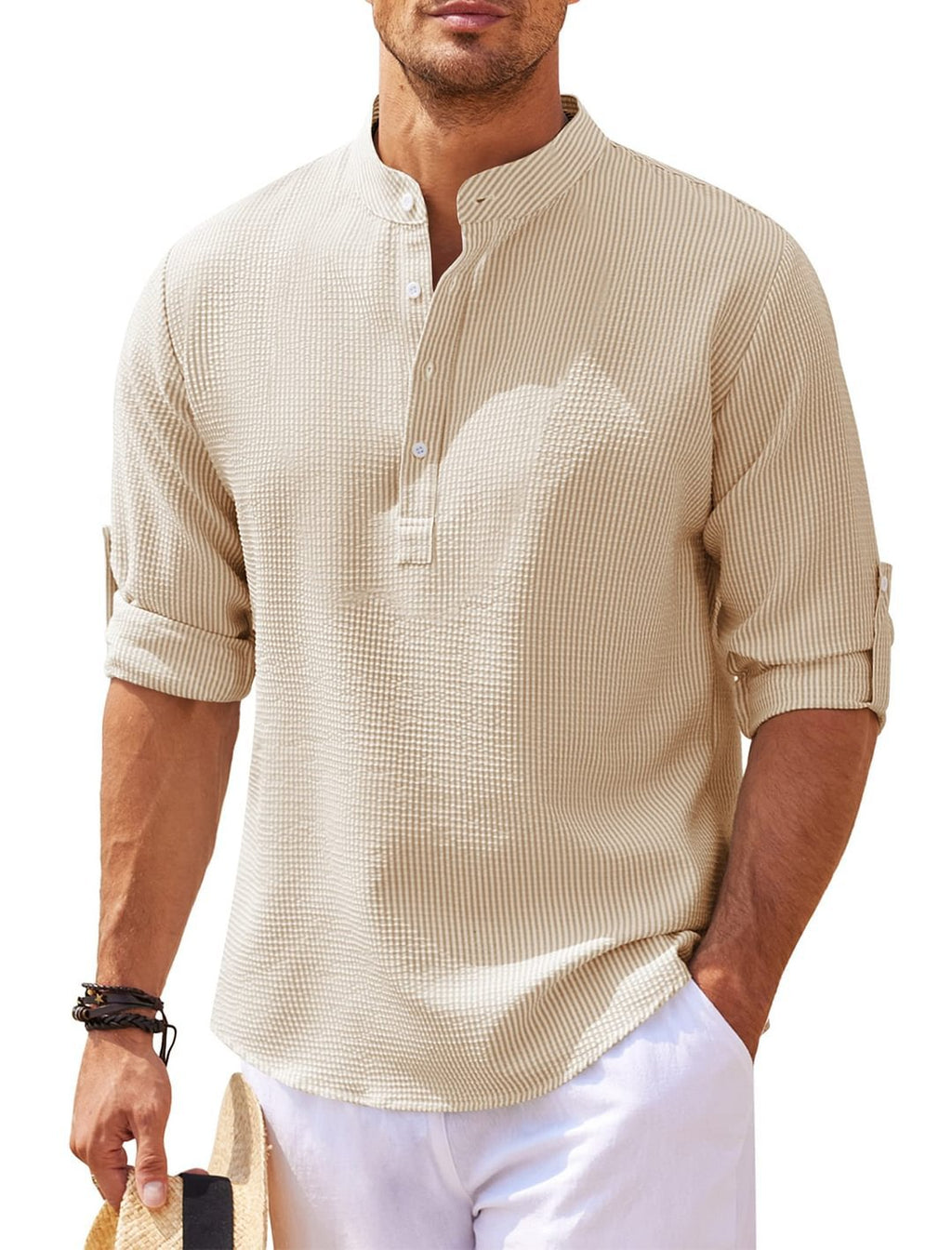 Men's long-sleeve stand-collar shirt in khaki beige with button placket