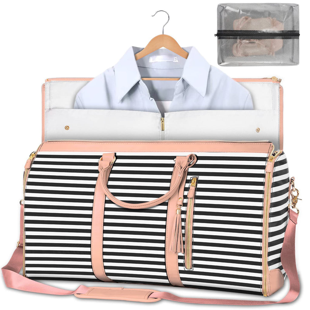 Black and white striped travel duffle bag with pink trim, open top, and crossbody strap