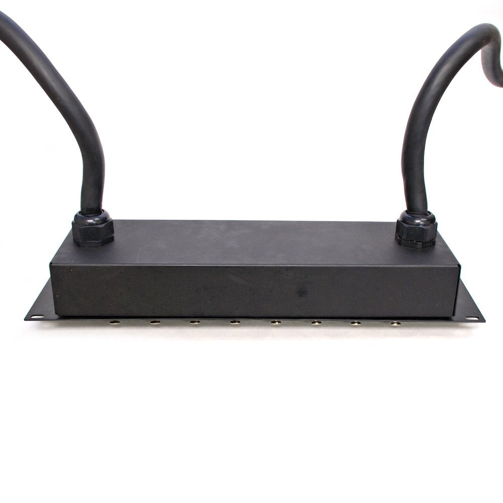 Rack-mount splitter snake chassis with cable attachments and mounting feet
