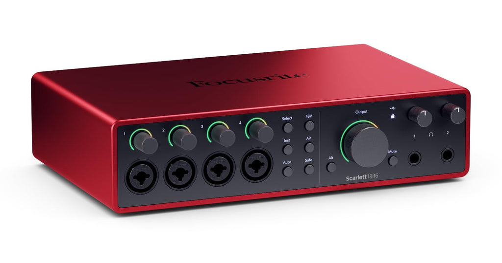 Focusrite Scarlett 18i16 USB audio interface, red front panel with green-lit knobs and ports