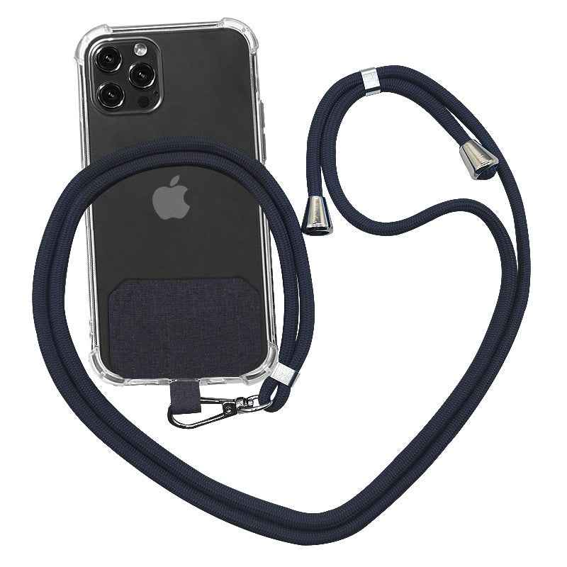 Phone lanyard strap with navy blue rope and metal clips for holding a phone