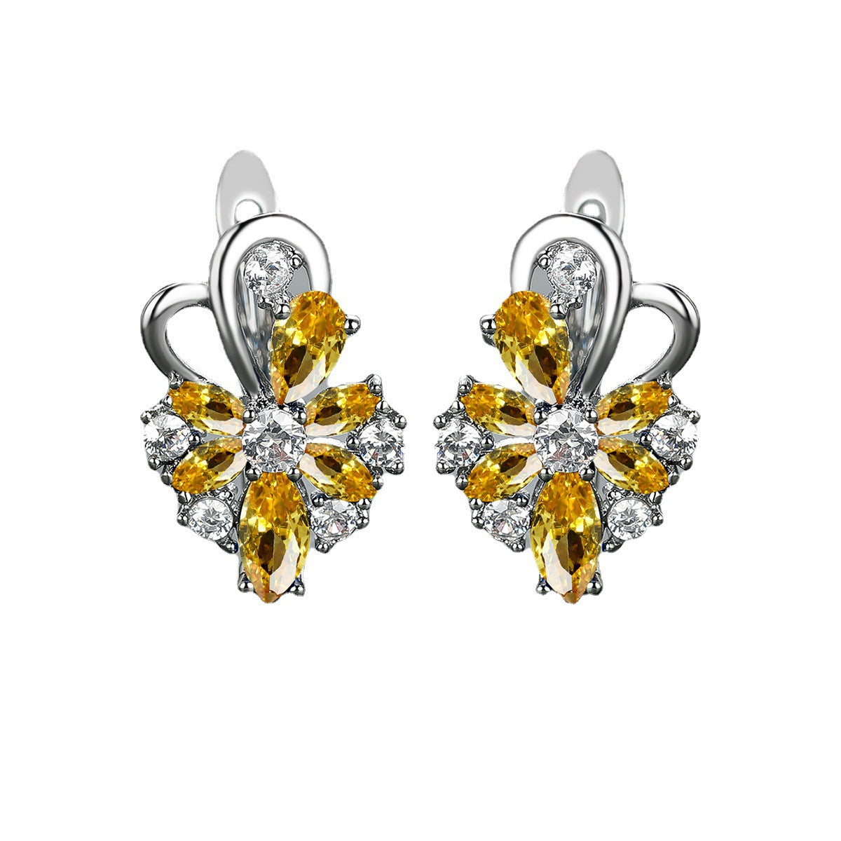 Flower drop-shaped zircon earrings with yellow and clear stones in silver-tone settings