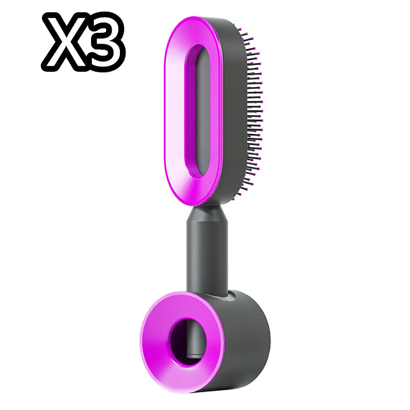 Self-cleaning hair brush pair with purple oval heads and dark gray handles