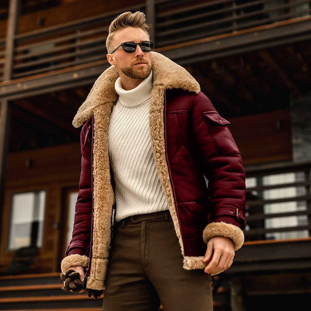 Men's winter jacket with shearling trim, burgundy coat, zip-front and snap shoulder tab