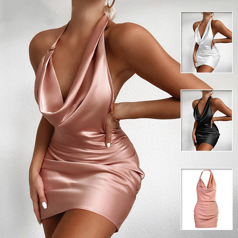Satin party dress, sleeveless mini with V-neck and backless draped front, pink