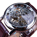 Mechanical watch with silver-tone openwork dial and maroon leather strap