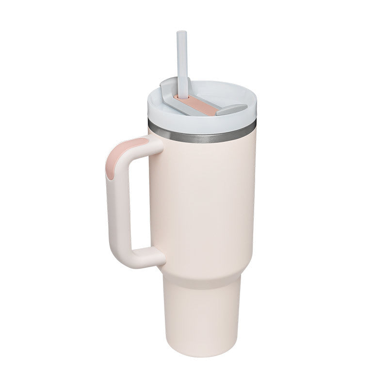 40 oz insulated tumbler with handle and straw, off-white with pink handle