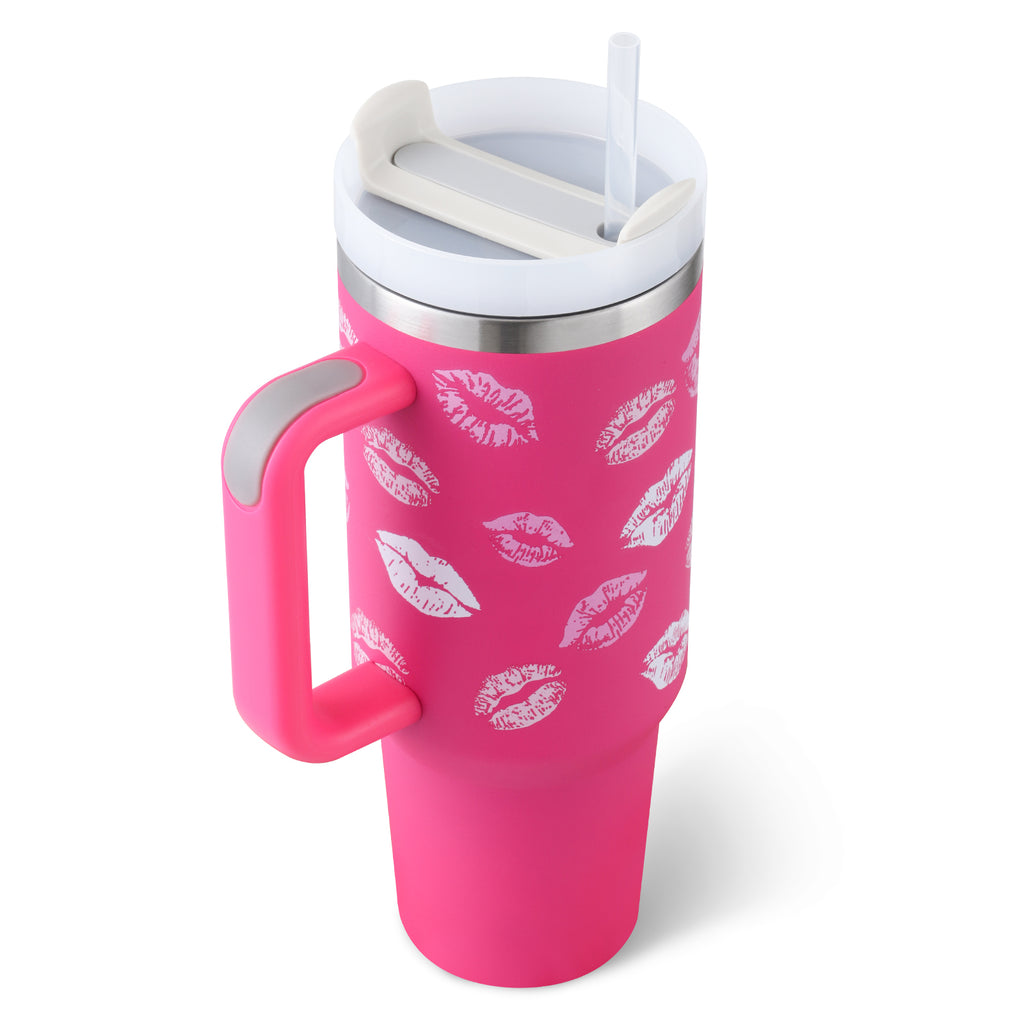 Insulated tumbler with handle, bright pink lip print, straw and lidded top.