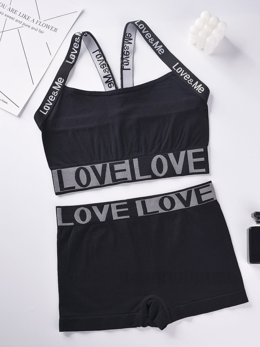 Camisole bra set in black with LOVE LOVE letter band and matching shorts