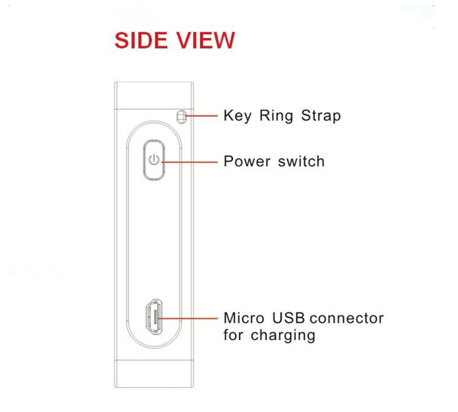 Side view diagram showing key ring strap, power switch, and micro USB charging port