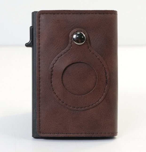 Dark brown leather card wallet with circular AirTag cutout and metal snap button