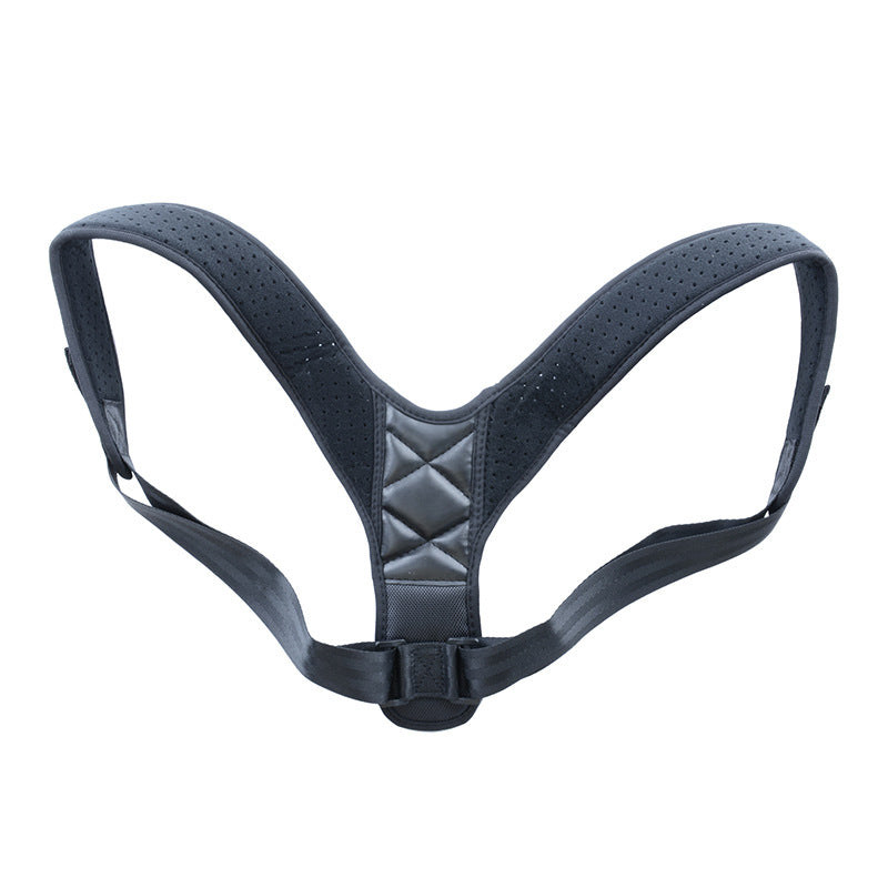Blue posture corrector harness with padded V-back and adjustable side straps