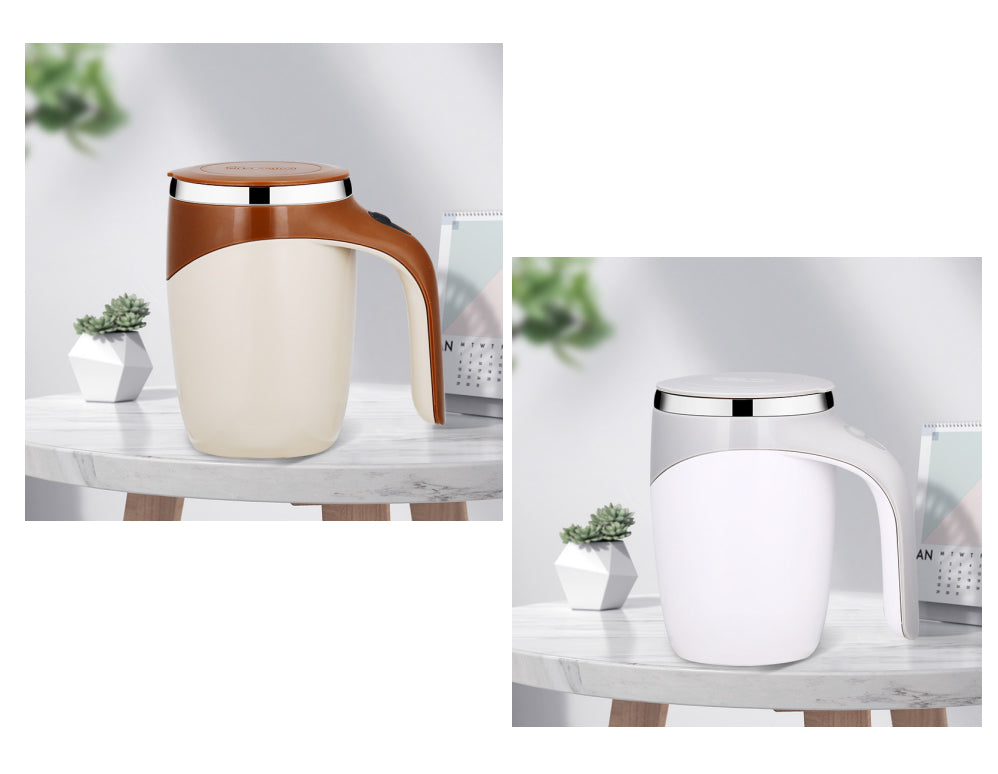 Rechargeable electric stirring cup, warm brown and cream with handle and lid